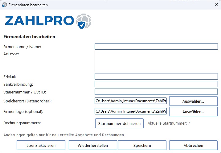 ZahlPro – Firmendaten bearbeiten