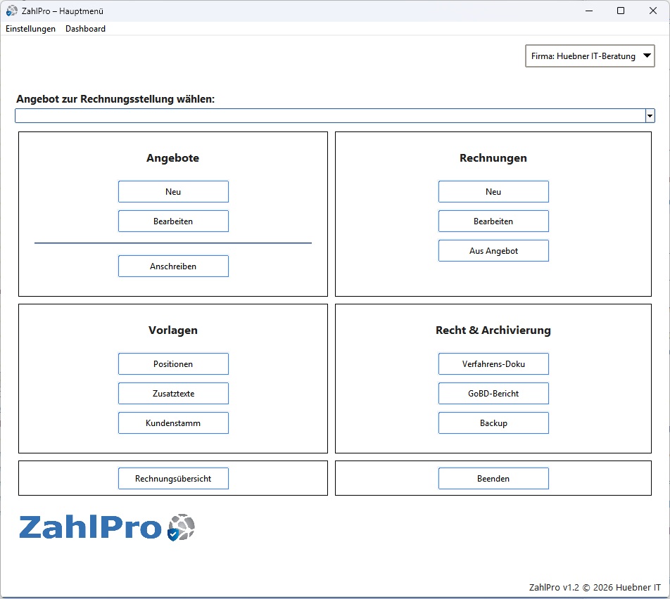 ZahlPro – Hauptfenster mit Einstellungsmenü