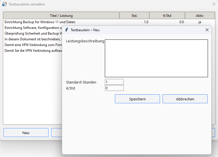Dialog Positionen und Leistungen