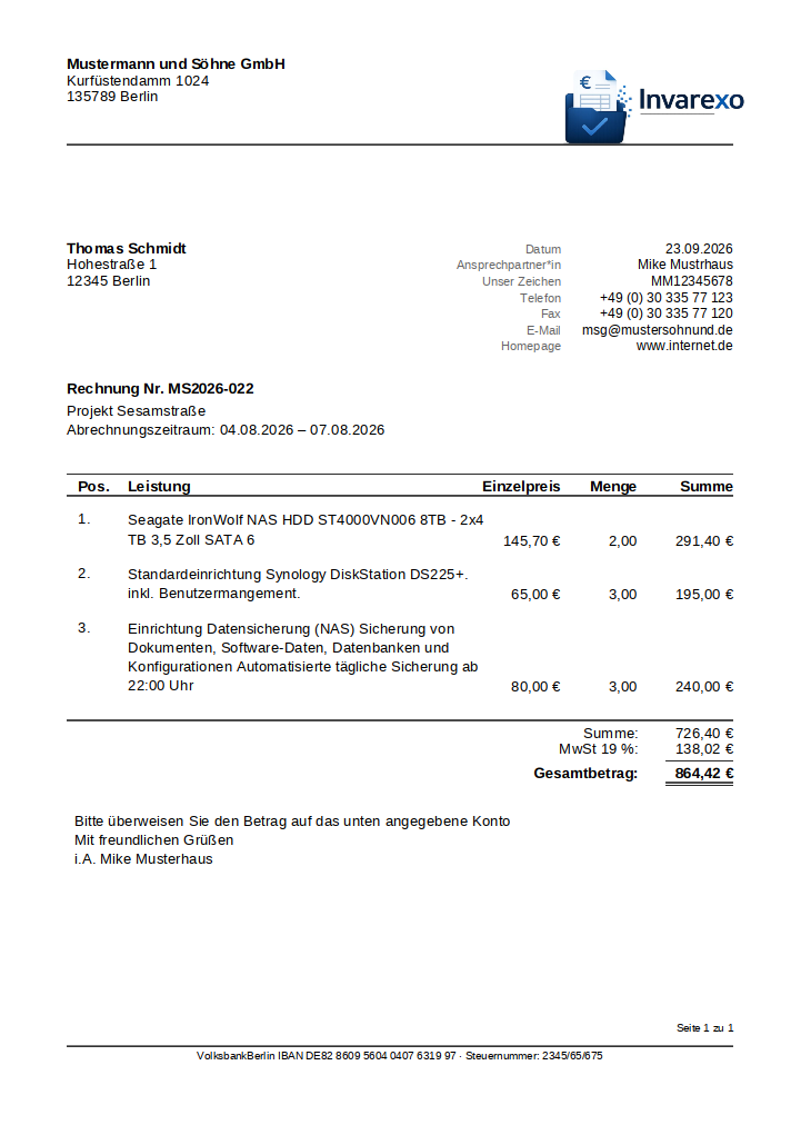 ZahlPro – Beispielrechnung ZahlPro Standard mit Kontaktblock
