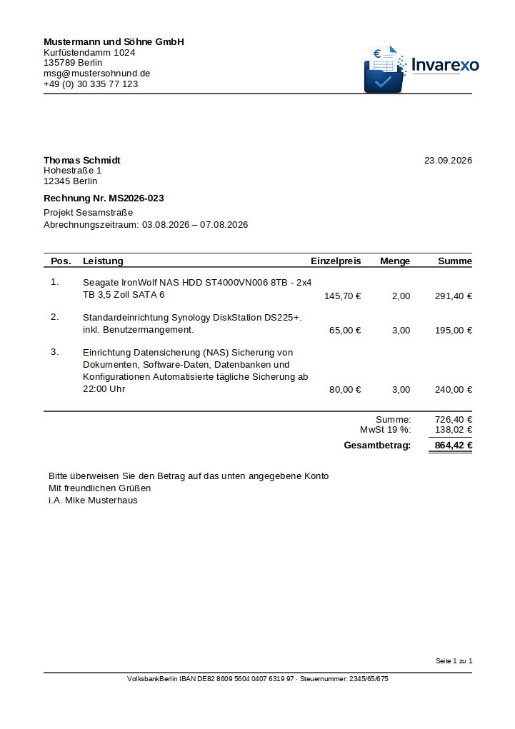 ZahlPro – Beispielrechnung ohne Kontaktblock und ohne Pflege-Zusatzmodul