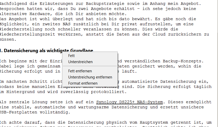 ZahlPro – Formatierungs-Kontextmenü im Anschreiben-Textfeld