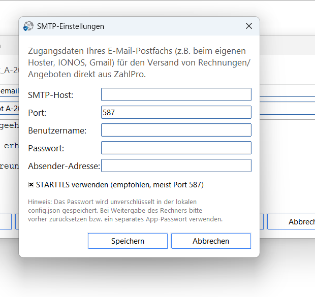 ZahlPro – SMTP-Einstellungen für den E-Mail-Versand