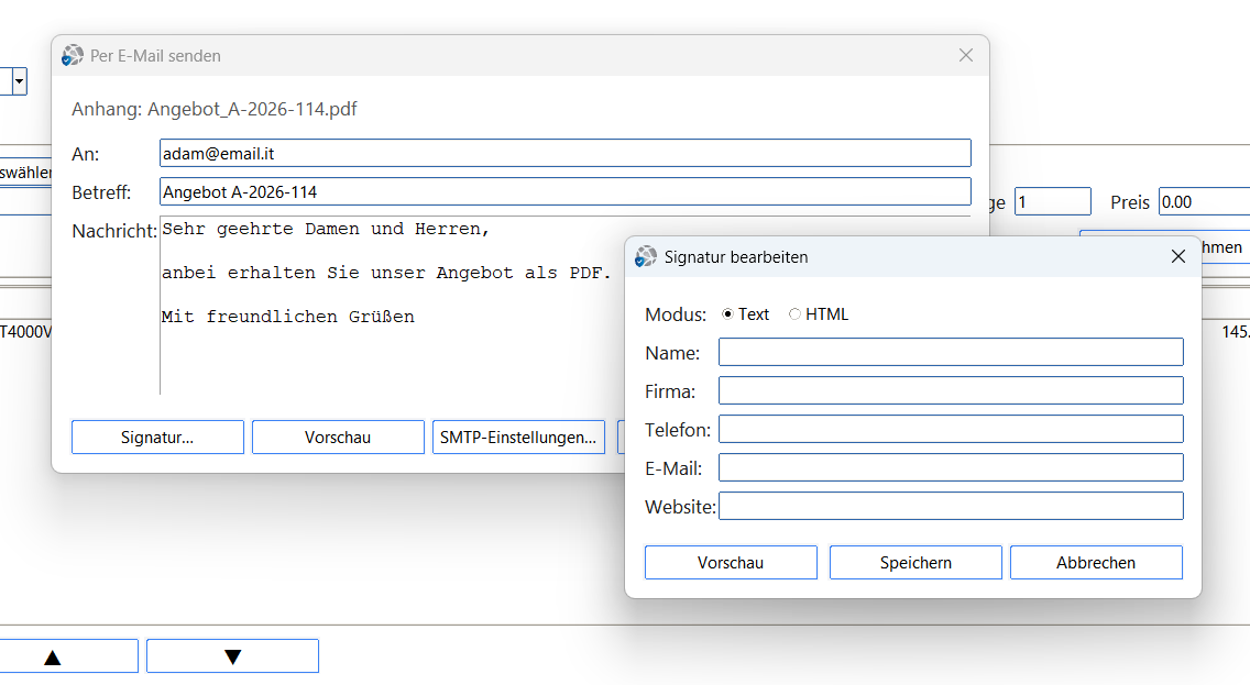 ZahlPro – Dialog Per E-Mail senden mit Signatur bearbeiten