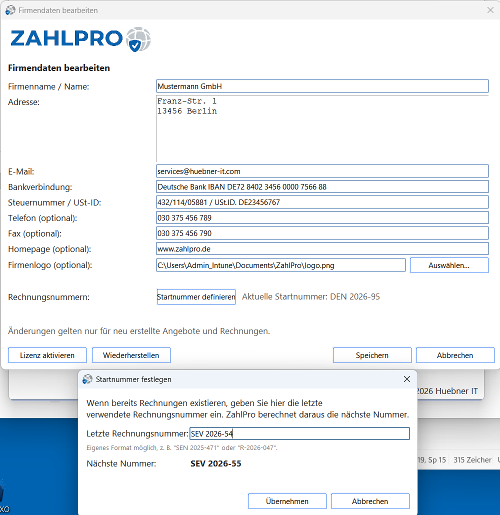 ZahlPro – Firmendaten bearbeiten mit Startnummer-Dialog