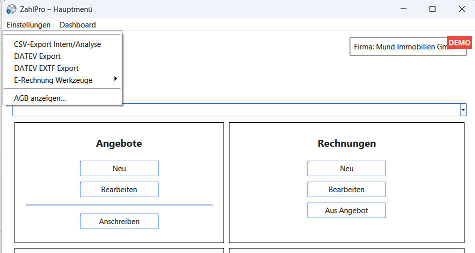 ZahlPro – Hauptfenster mit geöffnetem Menü Einstellungen