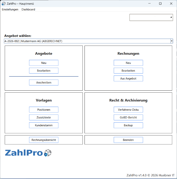 ZahlPro Hauptmenü