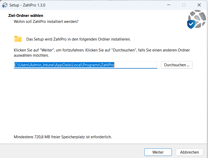 ZahlPro Setup – Ziel-Ordner wählen