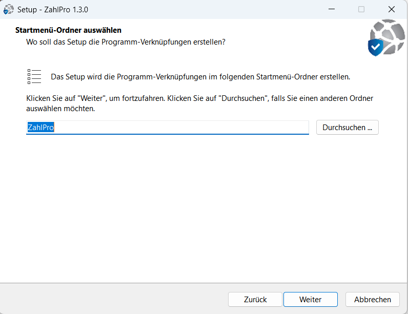 ZahlPro Setup – Startmenü-Ordner wählen