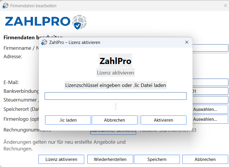 ZahlPro &ndash; Lizenz aktivieren