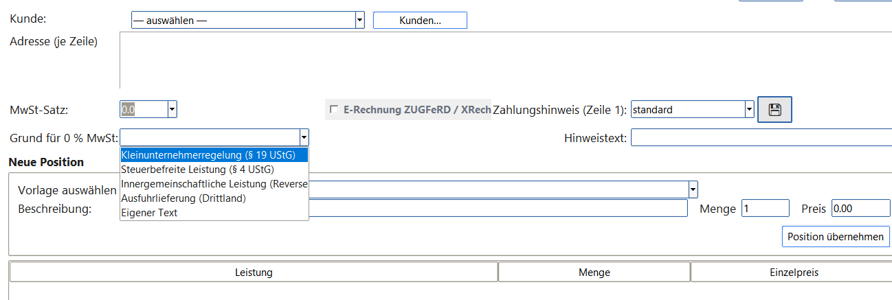 ZahlPro – Grund für 0 % MwSt mit Kleinunternehmerregelung, Steuerbefreiung, Reverse-Charge, Ausfuhrlieferung, Eigener Text