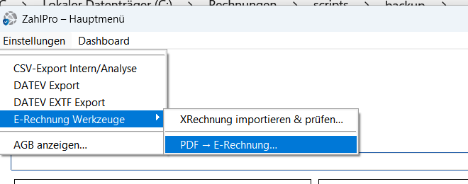 ZahlPro – Menüzugriff PDF-Rechnung importieren