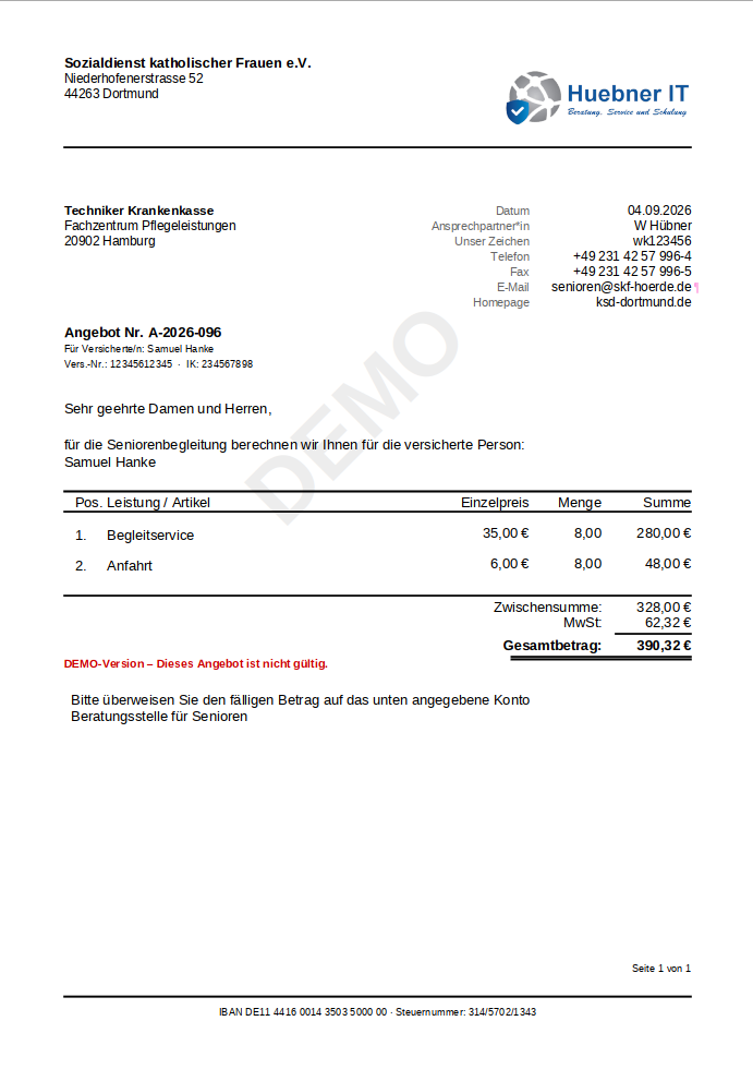 Fertiges Angebot mit Kostenträger als Adressat