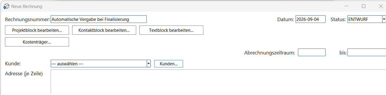Neue Rechnung mit Kostenträger-Button