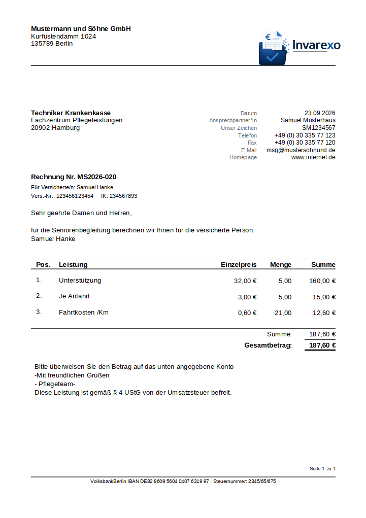 ZahlPro – Beispielrechnung mit Kontaktblock und Pflege-Zusatzmodul