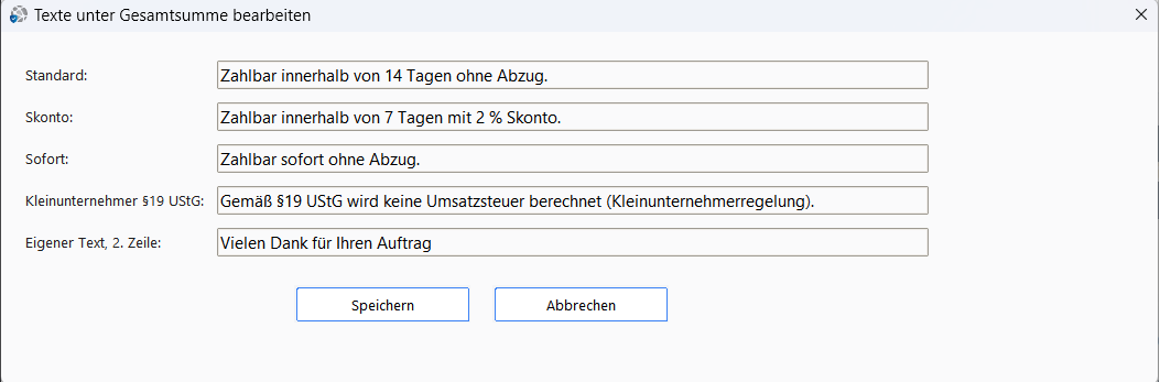 Zahlpro Text unter Gesamtsumme verwalten