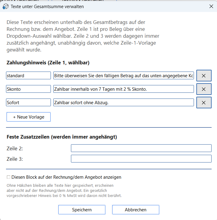 ZahlPro – Texte unter Gesamtsumme verwalten